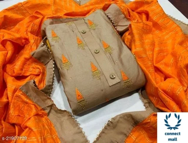 ALISHA Pretty Jam Cotton Fabric Embroidered UnStitched Salwar Suit With Banarasi Silk Fabric Dupatta - Top Fabric Length 2.25 Meters Bottom Fabric Length2.2 Meters, Orange, Top Fabric: Jam Cotton Bottom Fabric Cotton Dupatta Fabric Banarasi, Un Stitched, Pack of 1